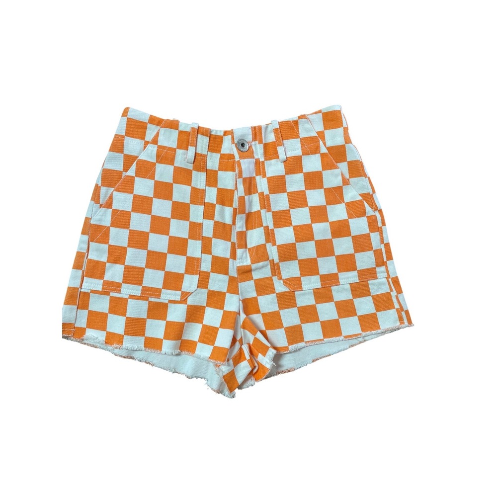 Urban Daiz Orange White Checkered Denim Shorts High Waisted Raw Hem Small